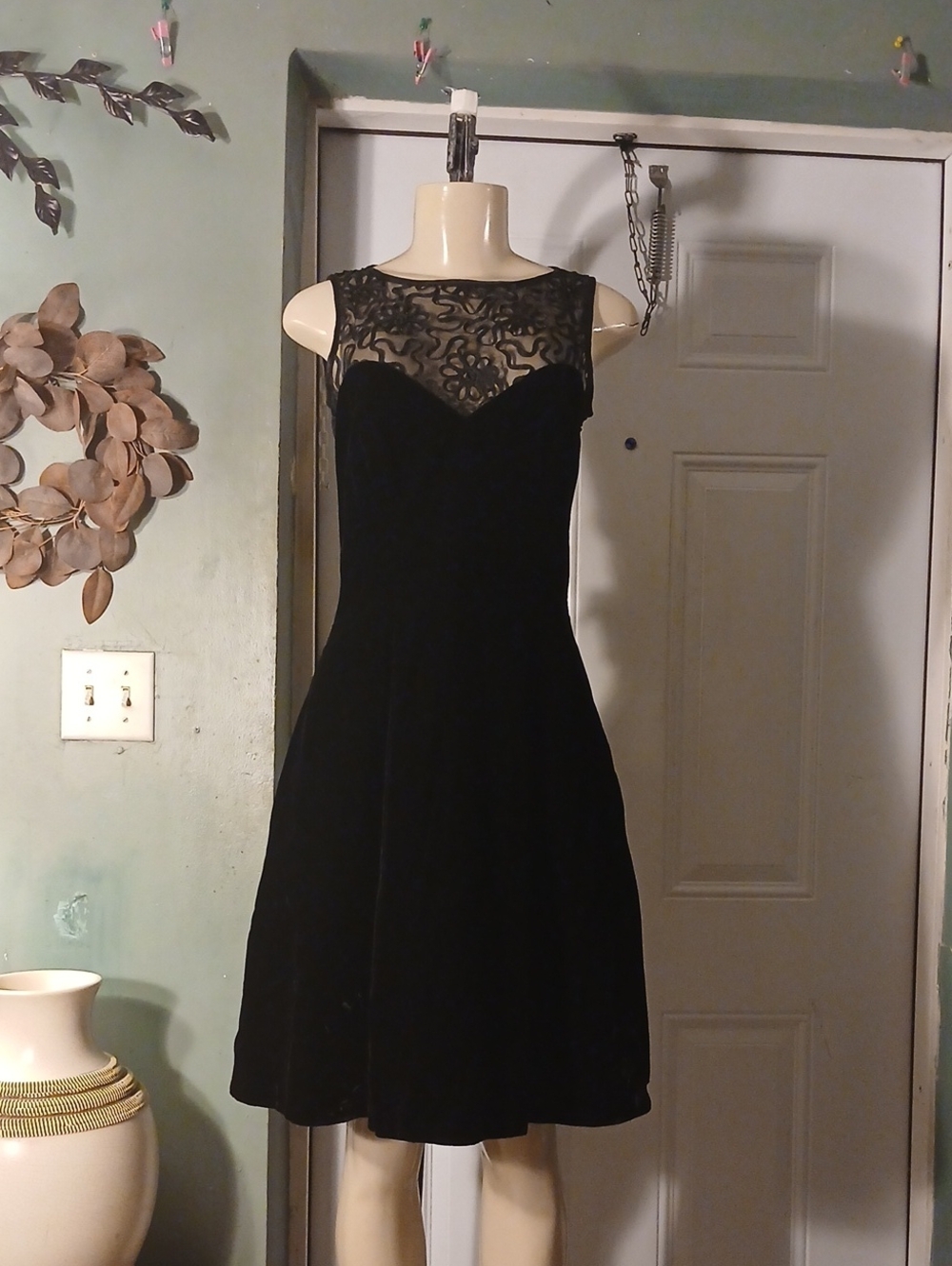 Vintage Nike Classic Black Velvet Fit-&-Flare Dress with Illusion Lace Yoke